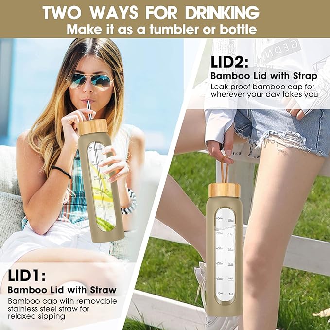 32 oz Glass Water Bottle with Straw - Motivational Time Marker & Silicone Sleeve - Reusable Tumbler Includes 2 Bamboo Lids & Fruit Infuser - 1 Pack-Ruum Studio Home