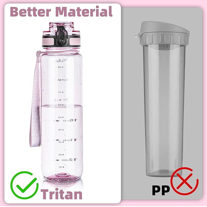 OLDLEY 32 oz Water Bottle, Motivational Water Bottle with Time Marker, Sports Water Bottle With Strap, Leakproof & BPA Free Large Water Bottles for School, Gym, Travel, Tritan, Transparent Pink-Ruum Studio Home