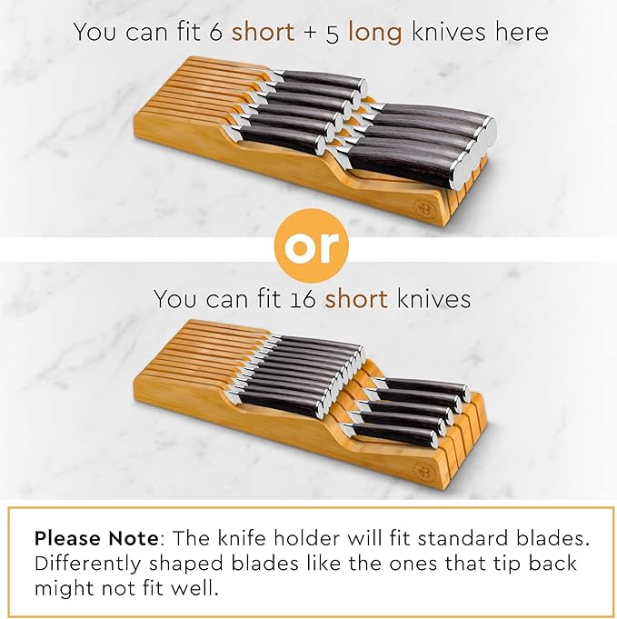 In-Drawer Knife Block - Bamboo Knife Drawer Organizer for Kitchen - Fits 5 Long + 6 Short Knives - Store Knives with Blades Pointing Down - Wooden Steak knife Holder without Knives - Chef Gift Idea-Ruum Studio Home