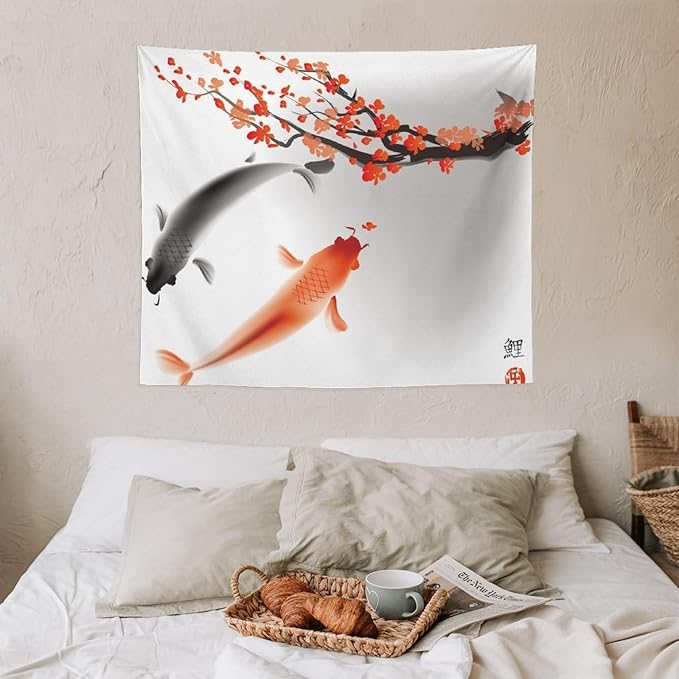 Houselerax Japanese Koi Fish Tapestry, Cherry Blossoms Asian Oriental Flower Branch Koi Fish Carp Tapestries Wall Hanging for Bedroom Living Room Office Decor 60"x50"-Ruum Studio Home