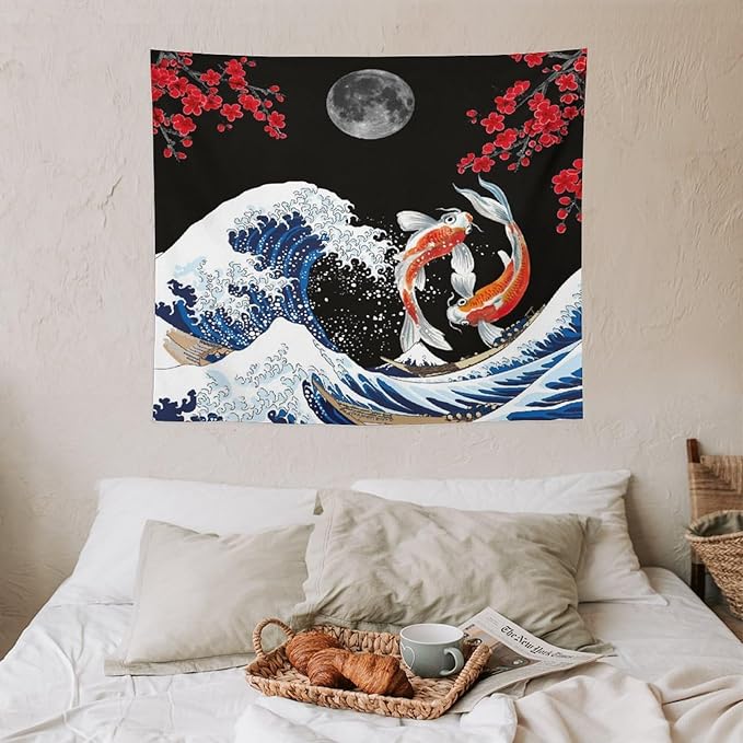 Houselerax Japanese Koi Fish Tapestry, Yin Yang Big Wave Red Cherry Blossom Tapestries Wall Hanging for Bedroom Living Room Office Decor 60"x50"-Ruum Studio Home
