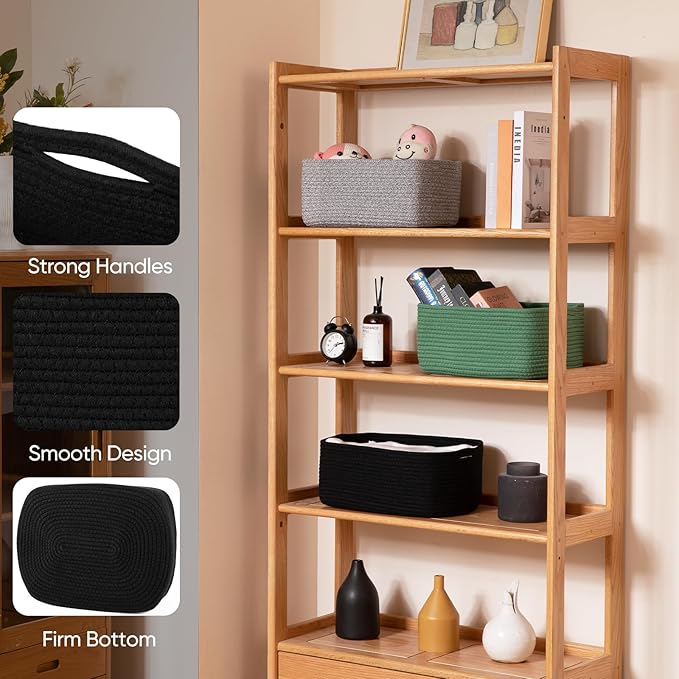 OIAHOMY 4 Pack 14.17*11.02*6.3IN Storage Baskets for Organizing Shelves, Woven Rope Baskets for Organizing Books, Clothes, Decorative Basket for Living Room, Nursery, Bedroom, Gift Basket, Black-Ruum Studio Home