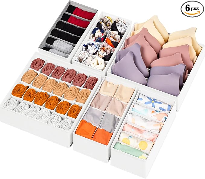 6 Pack Sock Underwear Drawer Organizer Dividers, 58 Cell Foldable Fabric Dresser Closet Organizers and Storage Bins for Clothing, Baby Clothes, Bra, Panty, Scarf, Ties (White)-Ruum Studio Home