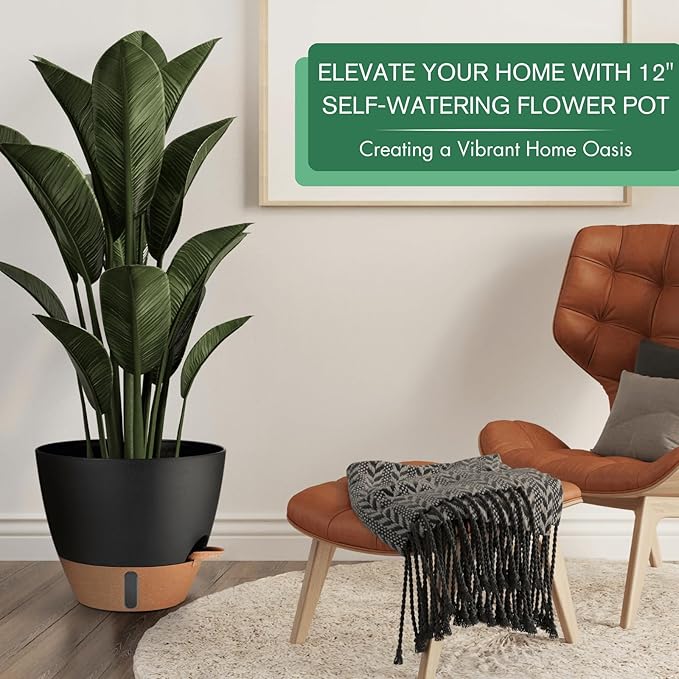 12/10/8 Inch Self Watering Pots for Indoor Plants Plastic Large Plant Pot for Outdoor Plants, Water Level Window & Spacious Reservoir Flower Pots Decorative Planter with Drainage and Tray (Black)-Ruum Studio Home