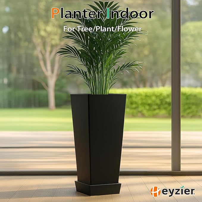 Tall Planters for Outdoor Plants, Large Resin Flower Pots with Saucers for Garden, Front Porch, Patio, Indoor - Set of 2 (Black, 34 inch - 2 Pack)-Ruum Studio Home