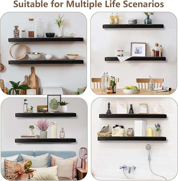 Solid Wood Floating Shelves Set of 2 - Natural, Warp & Crack Resistant 35.43 Inch Wall Shelf with Invisible Brackets Thicker, More Durable for Bathroom, Bedroom, Kitchen, Living Room (Black, 35.43)-Ruum Studio Home