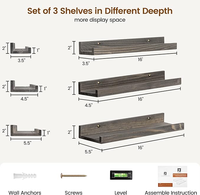 Picture Ledge Wall Shelves - Set of 3, 16 Inch Width, Solid Pine Wood Rustic Floating Ledge Shelves for Kids' Room, Bedroom, Kitchen, Bathroom, Living Room, Nursery Display Decor, Grey-Ruum Studio Home