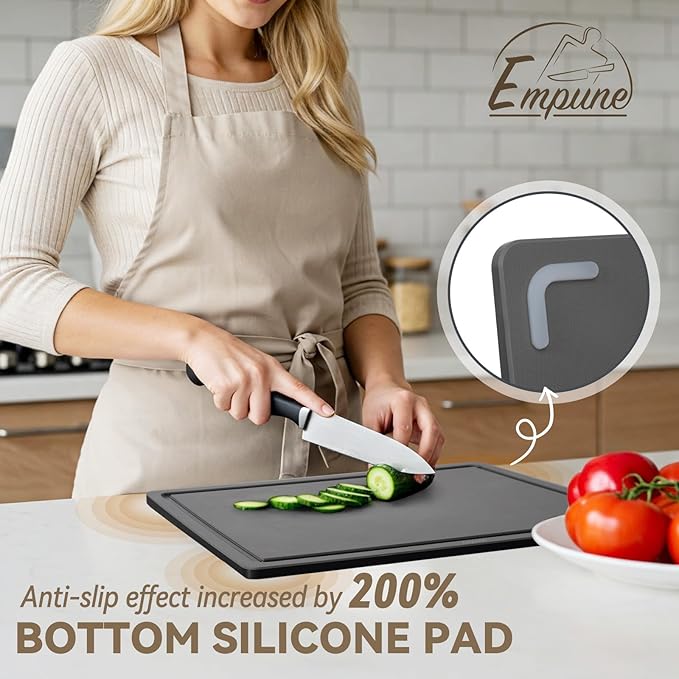Empune Plastic Cutting Board Set, Recycled Plastic Cutting Boards for Kitchen (Set of 3), Dishwasher Safe Large Chopping Board with Holder, Non-slip Feet and Juice Grooves, Nonporous, Grey-Ruum Studio Home