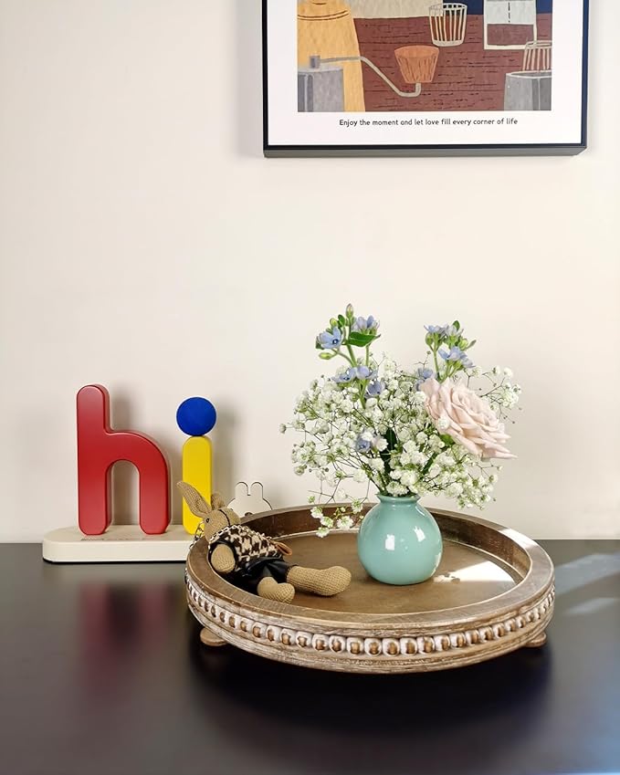 12 Inches Rustic Wooden Decorative Tray, Small Round Beaded Wood Tray for Kitchen Dinning Table Centerpiece Decor Entryway Living Room Home Decor, Brown-Ruum Studio Home