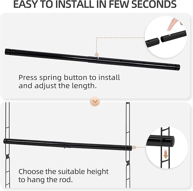 STORAGE MANIAC Hanging Closet Rod, Adjustable Width and Height Closet Hanging Organizer, Space-Saving Clothes Hanging Bar, Closet Extender Hanging Rod Double Closet Hanging Rod, 1 Pack Black-Ruum Studio Home