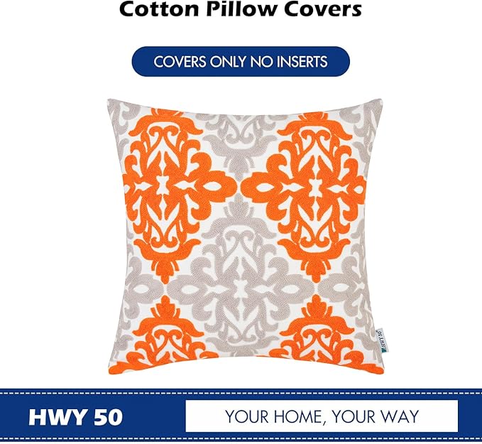 HWY 50 Orange Fall Decorative Throw Pillow Covers 18x18 Inch (1 Piece), Embroidered Cotton Farmhouse Cushion Cover Pillow Case for Sofa Couch Living Room Bed Bedroon, Floral Geometric-Ruum Studio Home