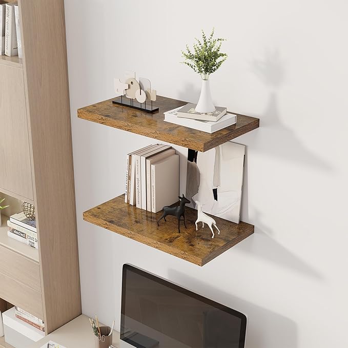24" Floating Shelves for Wall, 12" Deep Slim Rustic Brown Floating Shelves, Wall-Mounted Shelves for Bedroom, Living Room, Kitchen, Bathroom - Set of 2-Ruum Studio Home