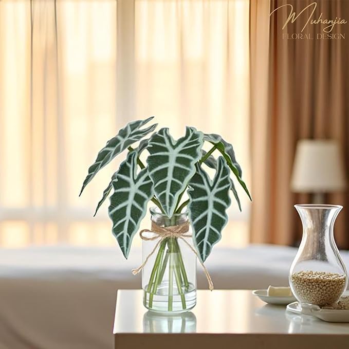Artificial Flowers Turtle-Back, Alocasia Leaf, in Glass Vase with Faux Water,7Pcs Artificial Leaves Real Touch Latex Leaves for Centerpiece (2, Alocasia Leaf)-Ruum Studio Home