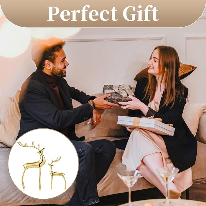 Sziqiqi Reindeer Figurine Statues Deluxe Set of 2, Christmas Deer Pure Copper Heavy Reindeer Ornaments for Home Decor Accents Living Room Office Bookself Tabletop Mantle Christmas Decoration, Gold-Ruum Studio Home