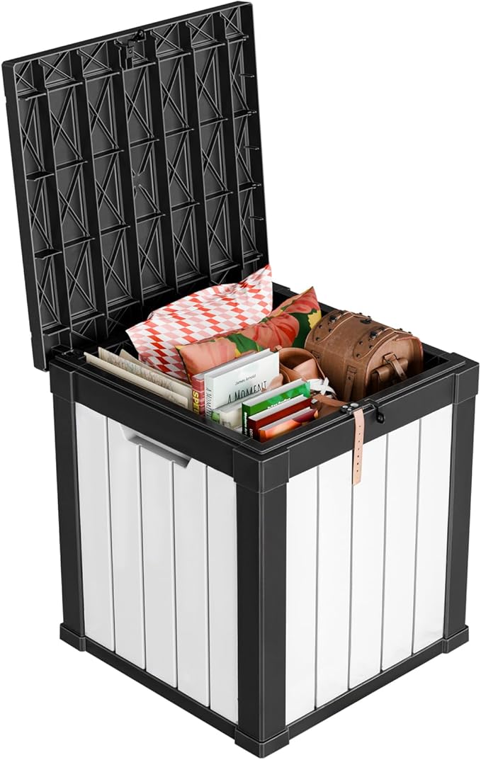 50 Gallon Outdoor Deck Box,Storage Lockable Waterproof Patio Furniture,Garden Tools,Cushions,Pool Accessories Outside Storage Resin Box(SM Black&White)-Ruum Studio Home
