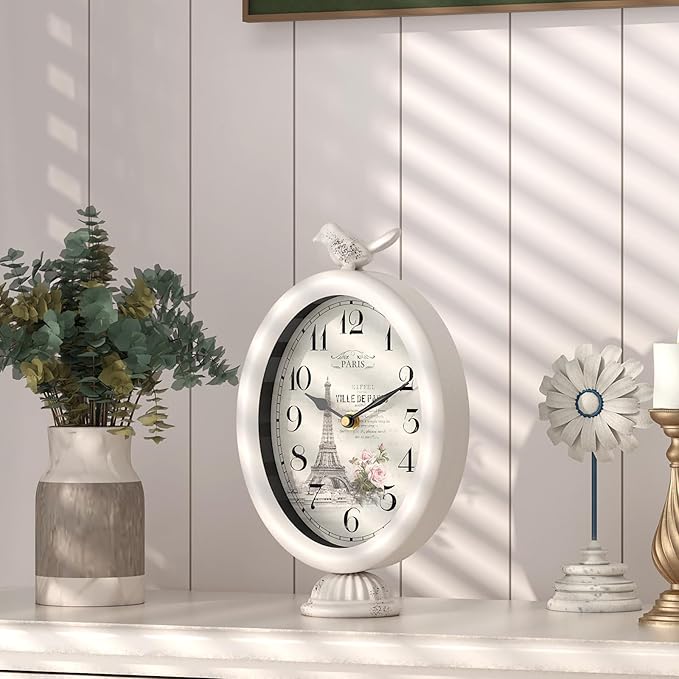 Vintage Table Clock with Bird, Desk and Shelf Decor Clock, French Paris Style, Antique White Metal Mantel Clocks for Living Room, Farmhouse, Bedroom, Bedside, Gift (10" H x 5.9" W)-Ruum Studio Home