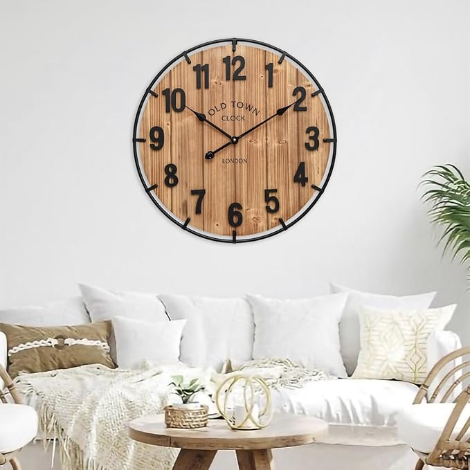 Large Old Town Farmhouse Wall Clock 24 Inch Rustic Antique Wood with Metal Circle and Large Numerals Silent Battery Operated Wall Clock for Office Kitchen Bedroom Living Room-Ruum Studio Home