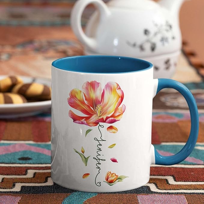 Personalized Flower Blossom Decorative Mug, Custom Name On Flower Coffee Cup, Novelty Floral Accent Mug 11oz 15oz, Customized Flower Lover Ceramic Cup, Gift For Friend Coworker-Ruum Studio Home