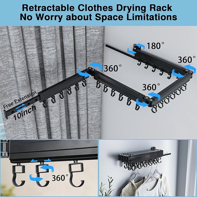 Gezen Clothes Drying Rack, Wall Mounted Drying Rack Clothing Retractable, Foldable Clothes Hanger Rack with 24 Hooks for Laundry Room Organization and Storage, Space Saving, Collapsible, Quad-Fold-Ruum Studio Home