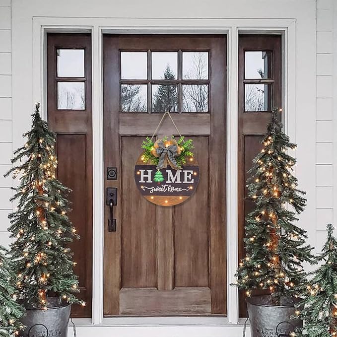 Interchangeable Welcome Sign for Front Door with 14 Changeable Icons, Farmhouse Front Porch Decor Rustic Wooden Wall Sign with 12 LED Lights, Outdoor Seasonal Welcome Home Decorations (Wood home1)-Ruum Studio Home