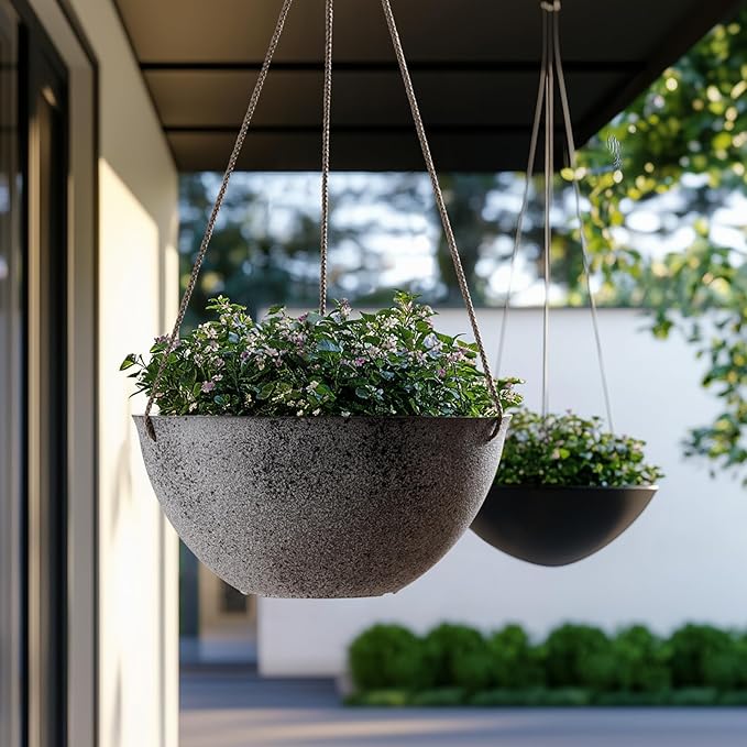 LA JOLIE MUSE Large Hanging Planters for Outdoor Plants - 13 Inch Hanging Flower Pots with Drainage Holes, Set of 2, Rock Grey-Ruum Studio Home