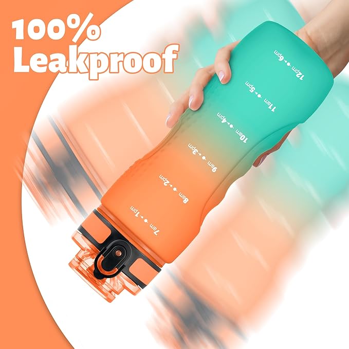 OLDLEY 25 oz Water Bottle, Motivational Water Bottle with Time Marker, Sports Water Bottle With Strap, Leakproof & BPA Free Large Water Bottles for School, Gym, Travel, Outdoor, Tritan,Orange&Green-Ruum Studio Home