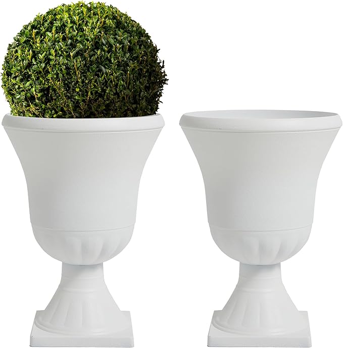 Worth Garden 2-Pack Plastic Urn Planters - 22'' Tall Round Classic Resin Flower Pots Pure White Traditional Large Plant Pots for Front Porch Patio Deck Wedding Decoration Pot - Indoor & Outdoor-Ruum Studio Home