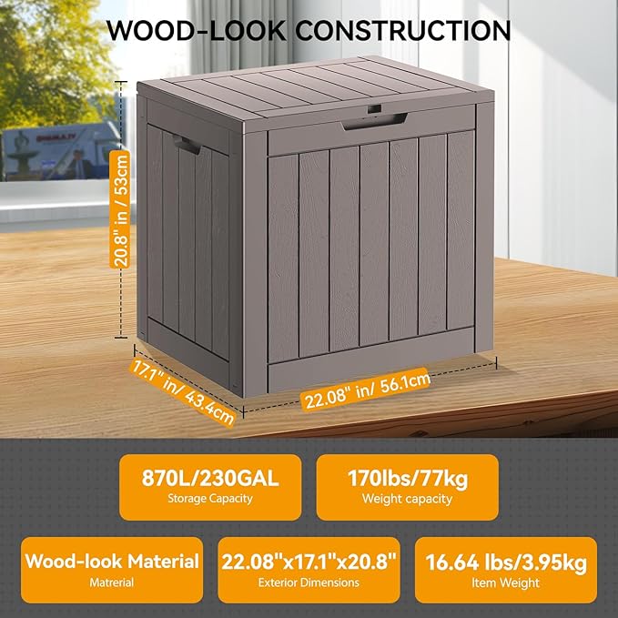 KAMABOKO Deck Box, 32 Gallon Resin Indoor and Outdoor Storage Boxes Waterproof for Garden Tools, Pool Accessories Storage Bench, Patio Furniture and Cushions with Lockable Lid, Grey-Ruum Studio Home