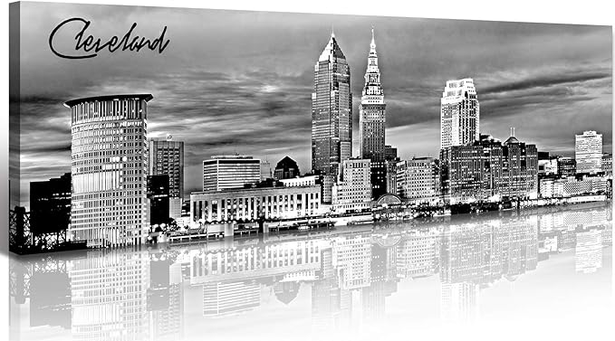 Cleveland Skyline Decor Wall Art Canvas Prints Black and White Night View USA Cityscape Panoramic Painting for Bedroom Office Framed and Ready to Hang 13.8"x47.3"-Ruum Studio Home