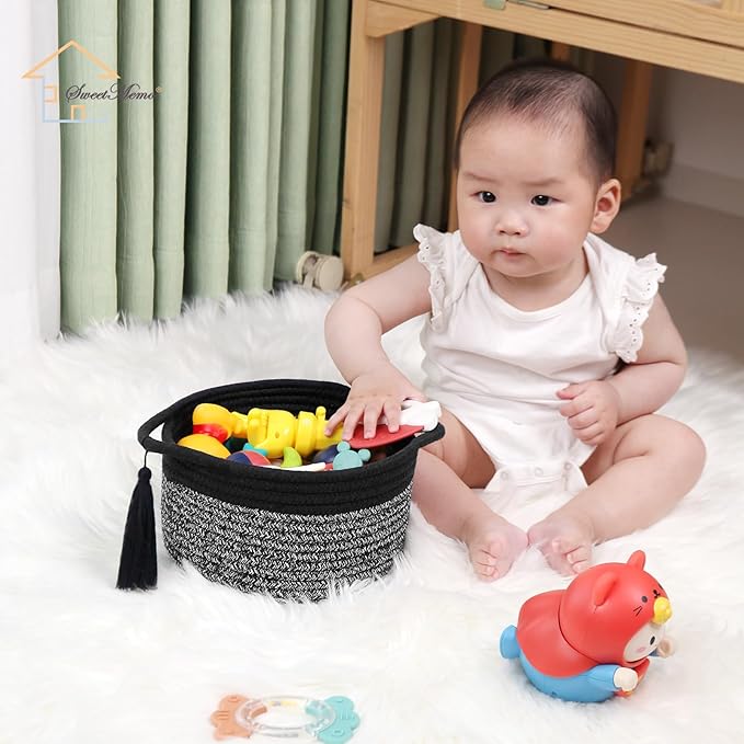 Small Gift Basket Empty to Fill – SweetMemo Mini Woven Rope Organizer Baskets for Gifting, Baby Shower, Desk, Bathroom, Shelves – Decorative Soft Bin with Gift Bag & Ribbon – Black Grey-Ruum Studio Home