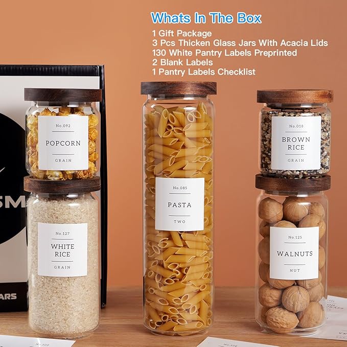 5 Set Glass Pantry Storage Jars with Acacia Airtight Lid - Thicken Glass Kitchen Canisters with 132 Pantry Labels - Clear Glass Food Storage Containers with Wood Lid for Tea,Sugar,Candy,Cookie,Pasta-Ruum Studio Home