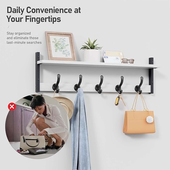 Tatub 29" Coat Rack Wall Mount with Shelf, Entryway Wall Hooks with Shelf, Coat Hangers for Bathroom, Living Room, Bedroom, Rustic White-Ruum Studio Home