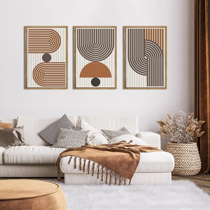 Mid Century Boho Modern Wall Art Set Abstract Geometric Wooden Wall Decor Minimalist Line Neutral Artwork Mid Century Wood Art Decor for Living Room Bedroom Office-16x24Inch x3-Ruum Studio Home