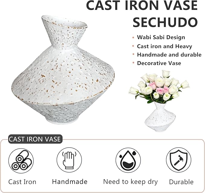 Cast Iron Decorative Vase, Dried Flower Rustic Vases, Wabi Sabi Vase for Modern Home Decor, Living Room, Shelf Decor, Enterway, Wedding, Office, Table, Bedroom, Kitchen, 8.86" H (White)-Ruum Studio Home