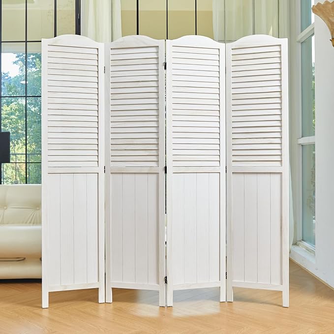 Room Partitions and Dividers, 68.9 Inch Temporary Wall with Double Hinges, Wooden Louver & MDF Stable Screens for Home Office Bedroom Coffeehouse Decoration (4 Panels, White-Washed)-Ruum Studio Home