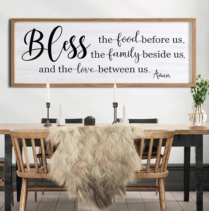 Bless the Food Before Us, the Family Beside Us, and the Love between us Framed Wall Art for Dining Room, 40''×15'' Holy Positive Religious Rustic Bible Verse for Christian God Jesus Christ Prayer-Ruum Studio Home