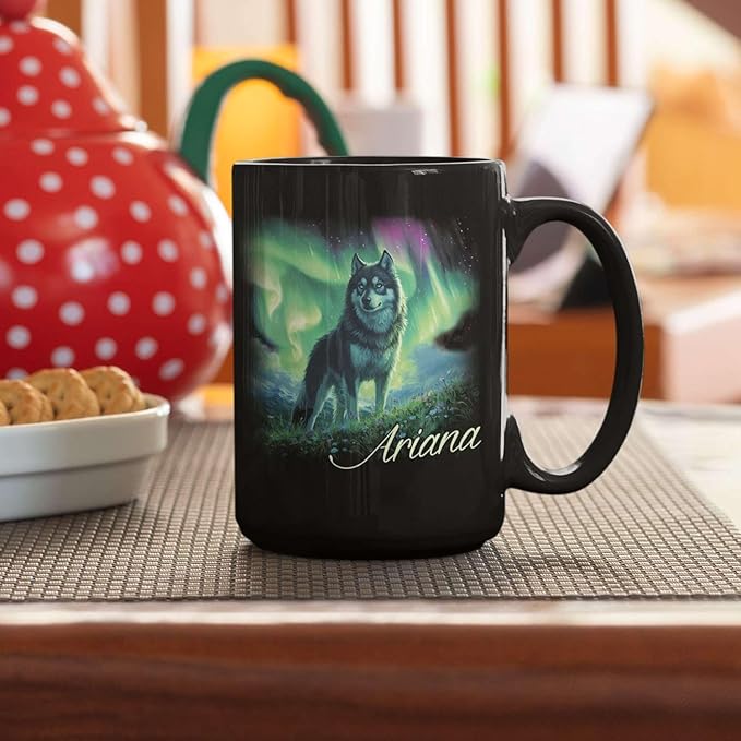 Personalized Husky With Northern Lights Coffee Mug, Custom Name Black Cup 11oz 15oz, Customized Cute Husky Dog Ceramic Mug, Gift For Animal Lovers, Beautiful Landscape Keepsake Cup-Ruum Studio Home