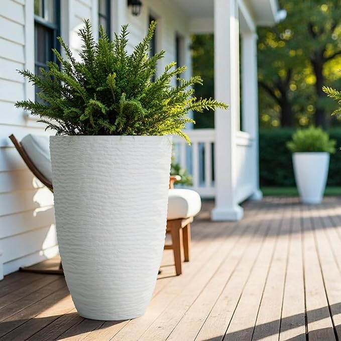 Worth Garden 2-Pack 21" H. White Tall Planters - 14'' Dia Resin Large Round Flower Pots for Outdoor Plants Trees - Imitation Stone Finish Plastic Indoor Front Porch 9 Gallon Decorative Container Patio-Ruum Studio Home