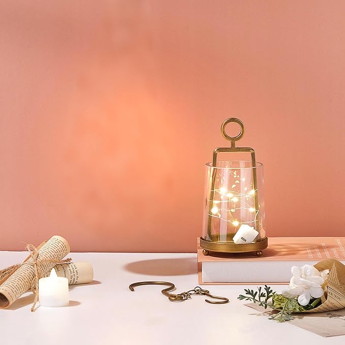 3'3" Wide Modern Metal Hurricane Lantern with Handmade Sturdy Glass Sleeve in Brass for Tealight Candle & Plants, Farmhouse Hurricane Industrial, Minimalistic, Shabby Chic (1, Brass, 3.3"x5.2")-Ruum Studio Home