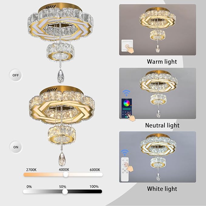 Flashing God Small Crystal Chandeliers Dia 12" Gold Chandelier Flush Mount Ceiling Light for Bedroom Living Room Dining Room Hallway Dimmable 3 Rings LED Celing Lighting Fixtures-Ruum Studio Home