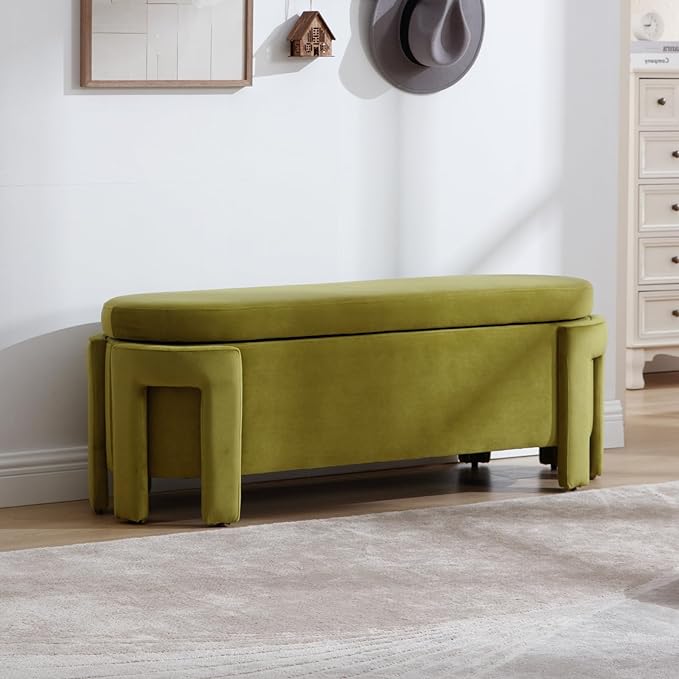 Modern Upholstered Storage Bench, Velvet Fabric 50" Long Entryway Bench with Storage and Seating, Comfy Cute Ottoman Bench for Living Room/End of Bed/Hallway, Olive Green-Ruum Studio Home