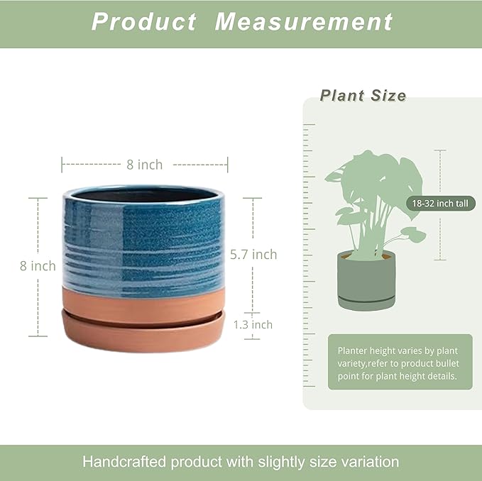 8 Inch Pots for Plants, Ceramic Planter Pot with Drainage Hole & Saucer, Indoor/Outdoor Cylinder Round Planter Pot, Blue & Terracotta-Ruum Studio Home