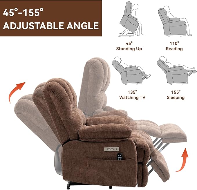 Large Power Lift Recliner Chair with Massage and Heat for Elderly, Ergonomic Backrest, Infinite Adjust, 2 Side Pockets,USB and Type-C Ports, Chenille Brown-Ruum Studio Home