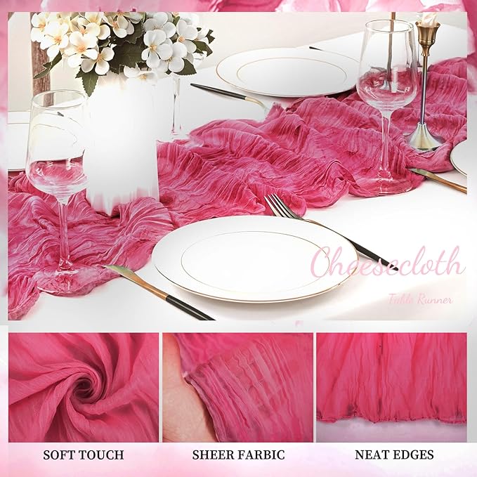 Hot Pink 12 Pack Cheesecloth Table Runner 10FT Boho Fabric Rustic Cheese Cloth Table Runner for Wedding 20 x 120 Inch Long Bridal Shower Baby Shower Gauze Sheer Birthday Party Table Decorations-Ruum Studio Home