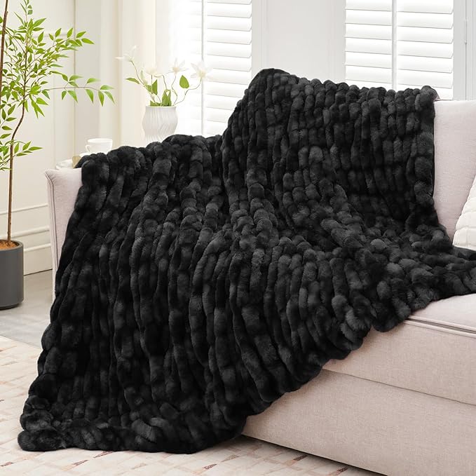 Ultra Soft Luxury Faux Fur Twin Blanket for Counch,Fuzzy Fluffy Plush Warm Cozy Elegant Wrinkled Blanket for Sofa Bedroom Living Room,（60"x80",Tie-dye Black）-Ruum Studio Home