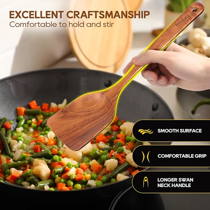 Wooden Spoons for Cooking, 10PCS Teak Wood Cookware Utensil Set with Hooks - Smooth Finish, Non-Stick, Comfortable Grip, Heat Resistant Kitchen Utensils-Ruum Studio Home