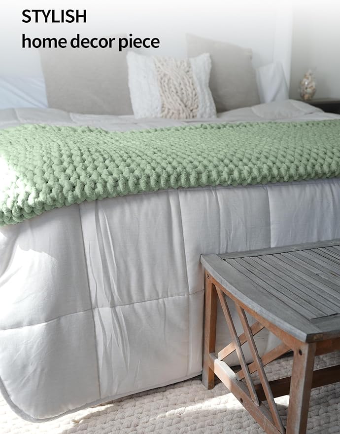 YnM Chunky Throw Blanket, Medium-Weight, Hand Knitted with Chenille Yarn, Skin Friendly, Ventilated and Breathable, Machine Washable, Home Décor Piece for Couch, Sofa and Bed (Sage Green, 40x50 Inch)-Ruum Studio Home