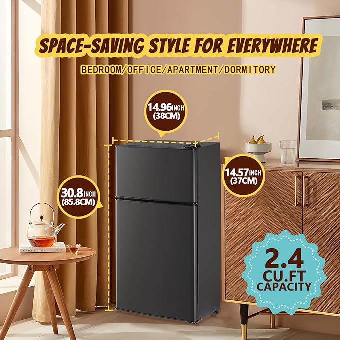 2.4 Cu.ft Mini Fridge with Freezer Compact Fridge Refrigerator Dual Door Small Fridge Senven Temp Gear Removable Shelves Dark Grey-Ruum Studio Home