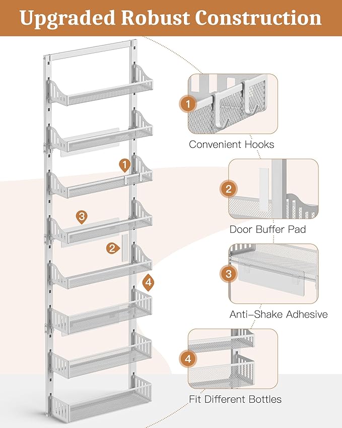 Over the Door Pantry Organizer 8-Tier, Large Metal Door Spice Rack with Adjustable Basket, 2 in 1 Wall Mount or Hanging Heavy-Duty Pantry Door Storage Shelf for Kitchen and Bathroom, White-Ruum Studio Home