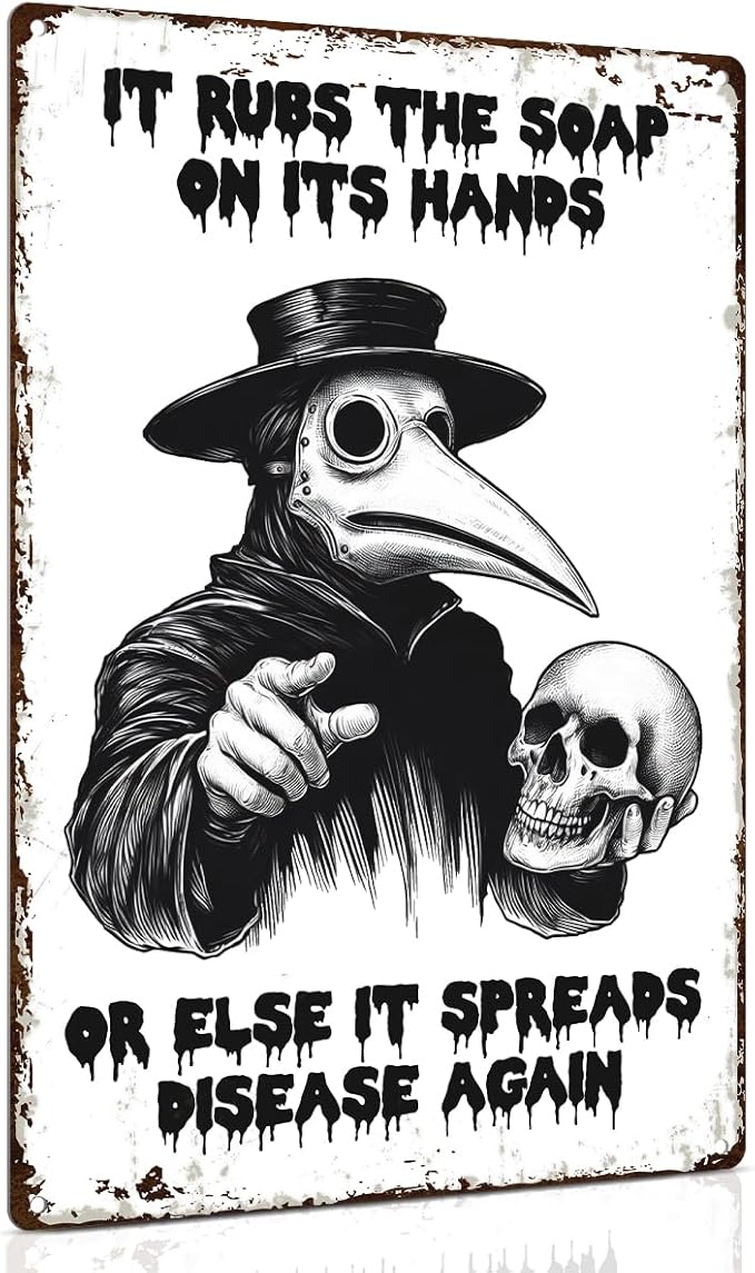 ALKB Halloween Bathroom Decor 8 x 12 Inch - Goth Plague Doctor Metal Tin Sign,Gothic Lovers Gifts,IT RUBS THE SOAP ON ITS HANDS-Ruum Studio Home